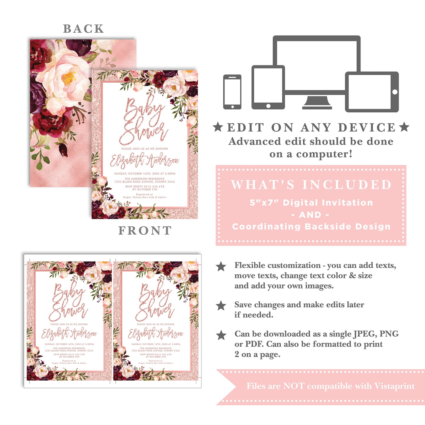 Editable Rose Gold Baby Shower Invitation
