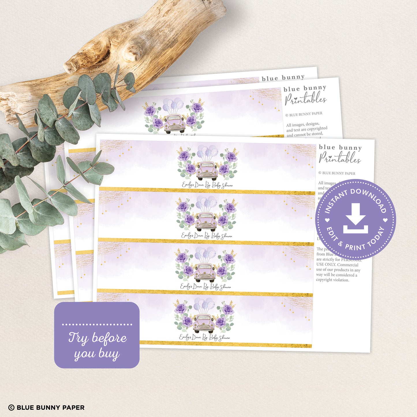 Purple Car Water Bottle Labels