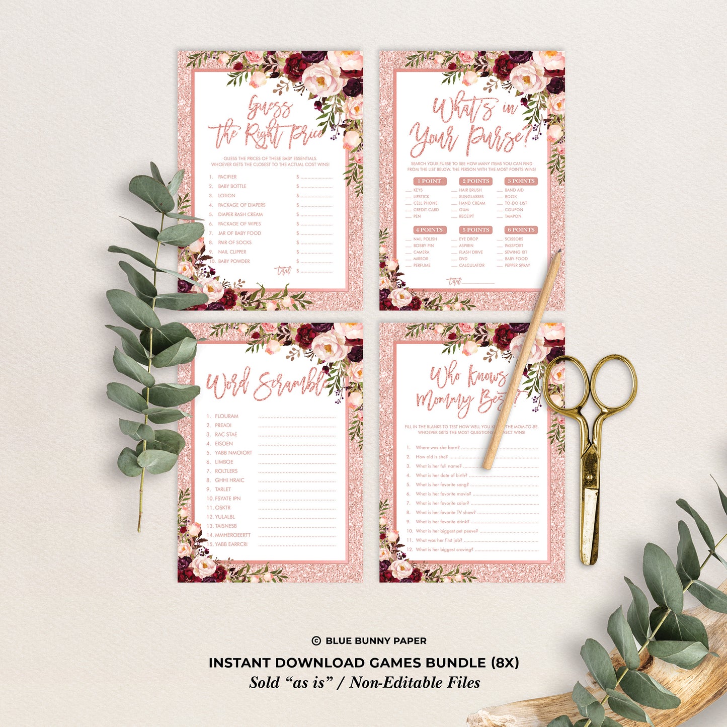 Rose Gold Baby Shower Games Bundle