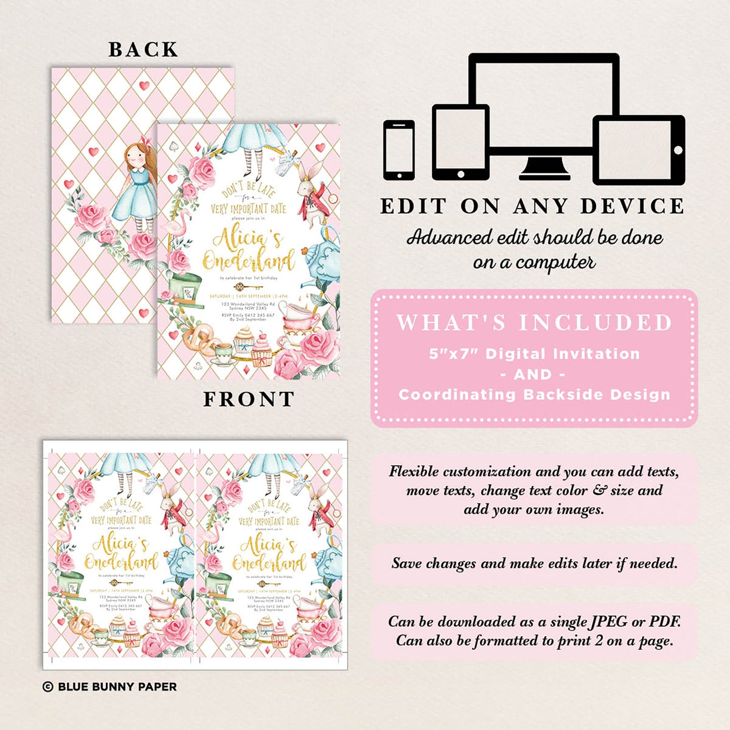 Alice in Wonderland 1st Birthday Invitation