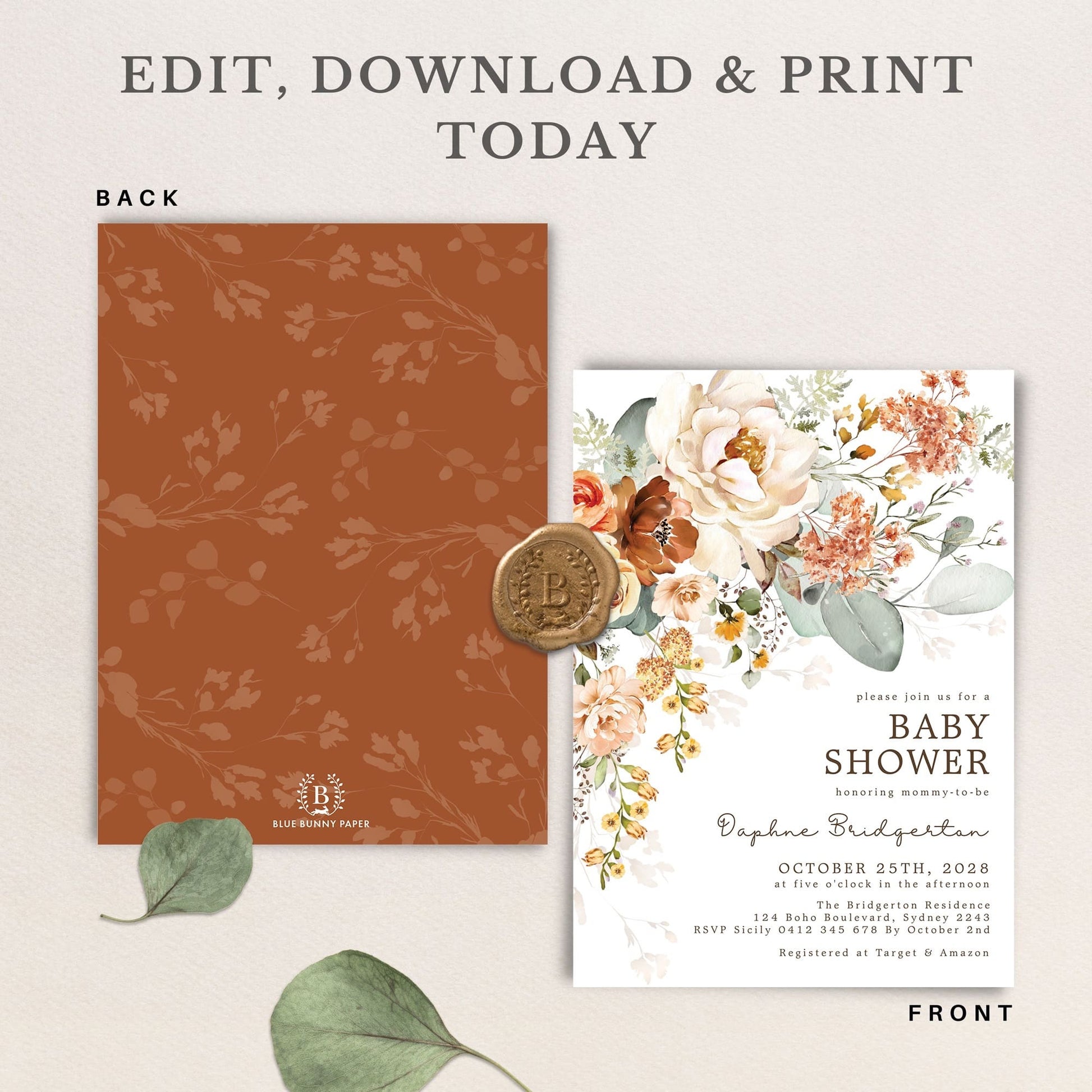 Front and Backside of a Floral Fall Baby Shower Invite