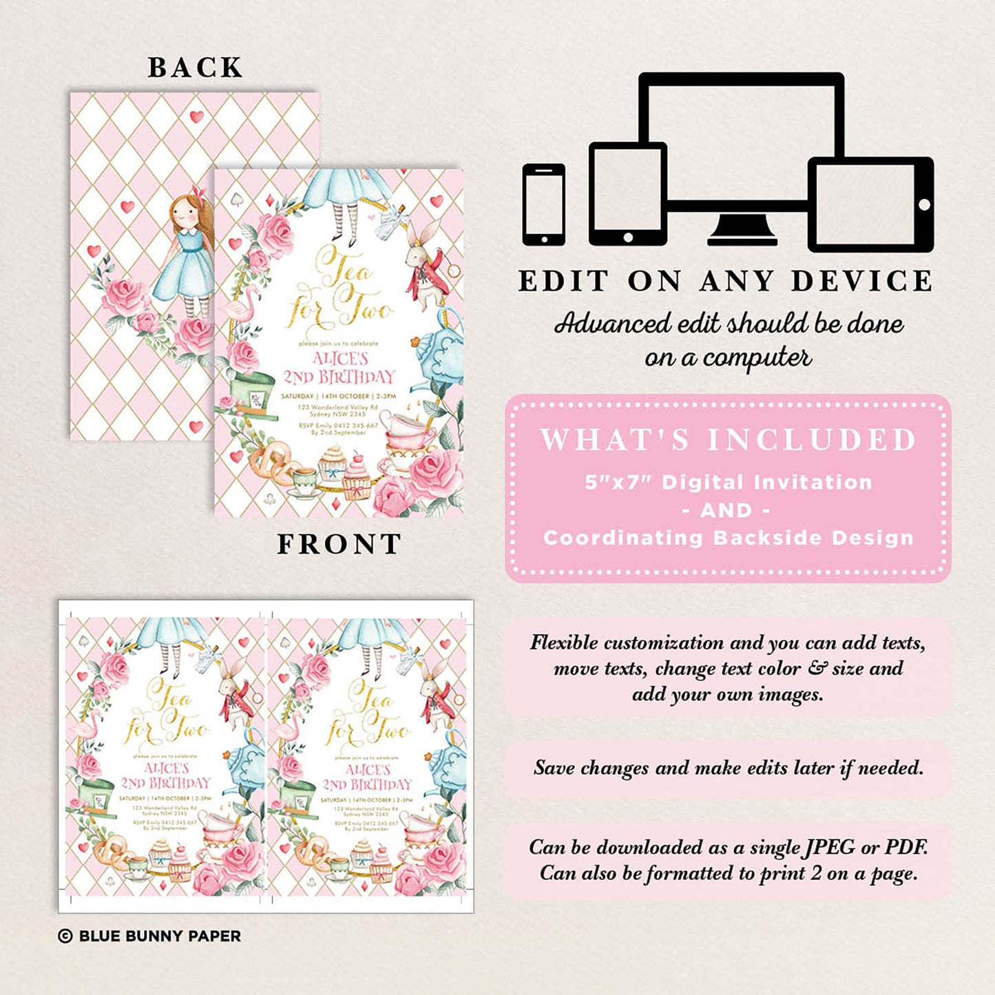 Alice in Wonderland Tea for Two Birthday Invitation