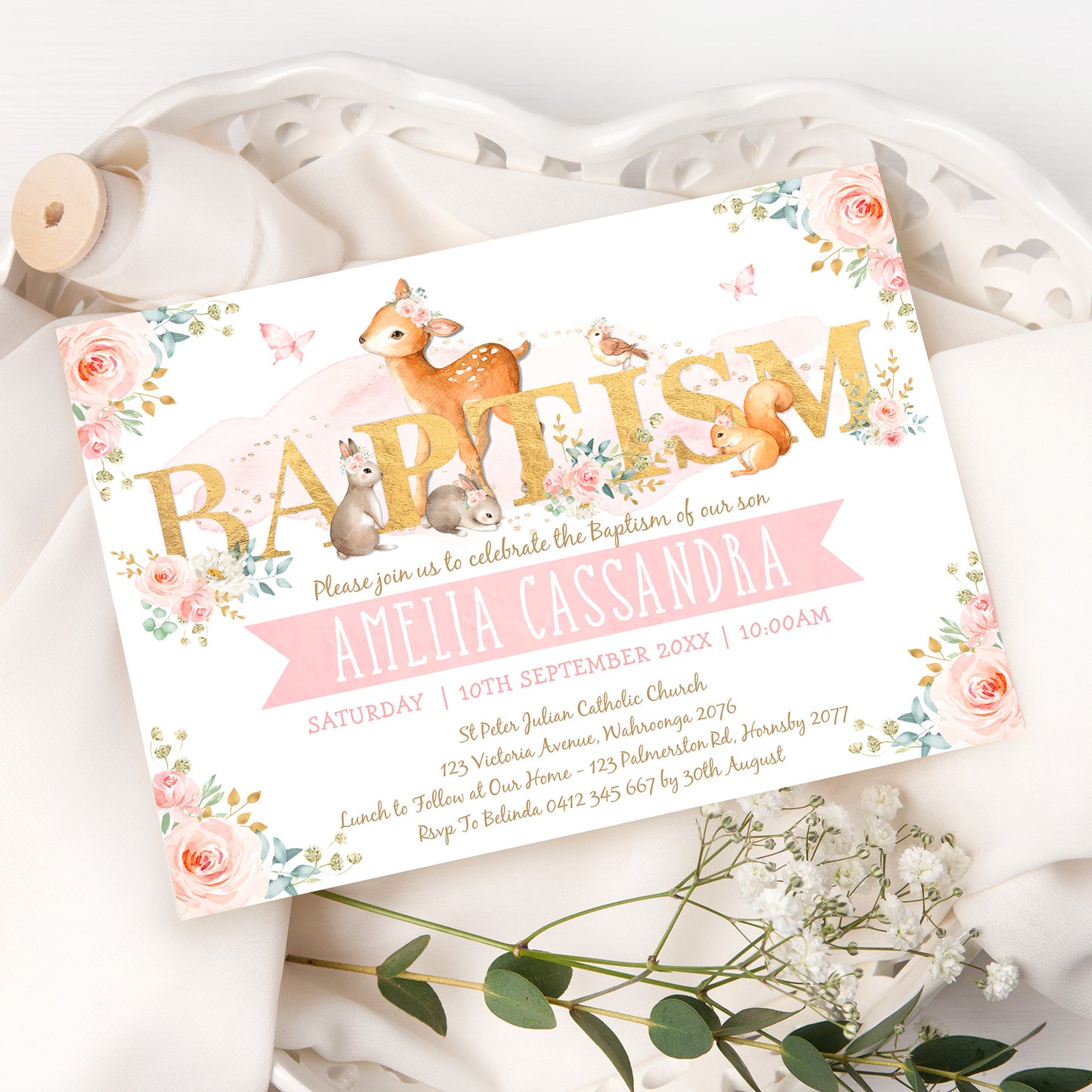 Girl Woodland Baptism Invitation