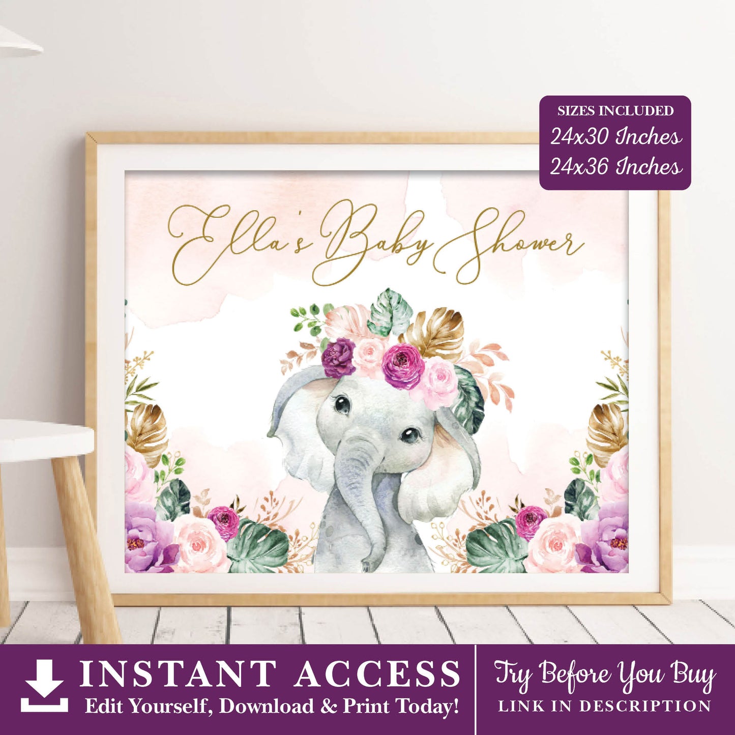 Elephant with Purple Flowers Party Welcome Backdrop