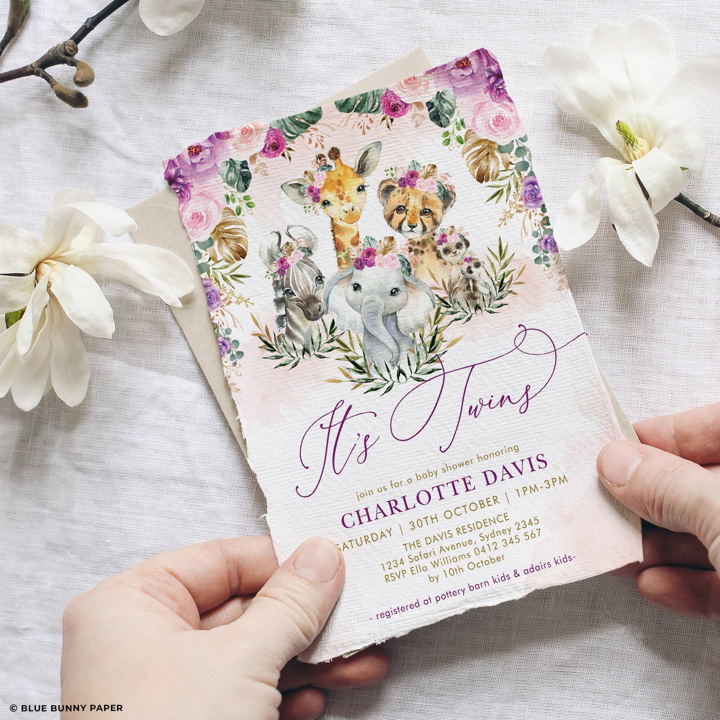 Jungle Animals Twins Baby Shower Invite
