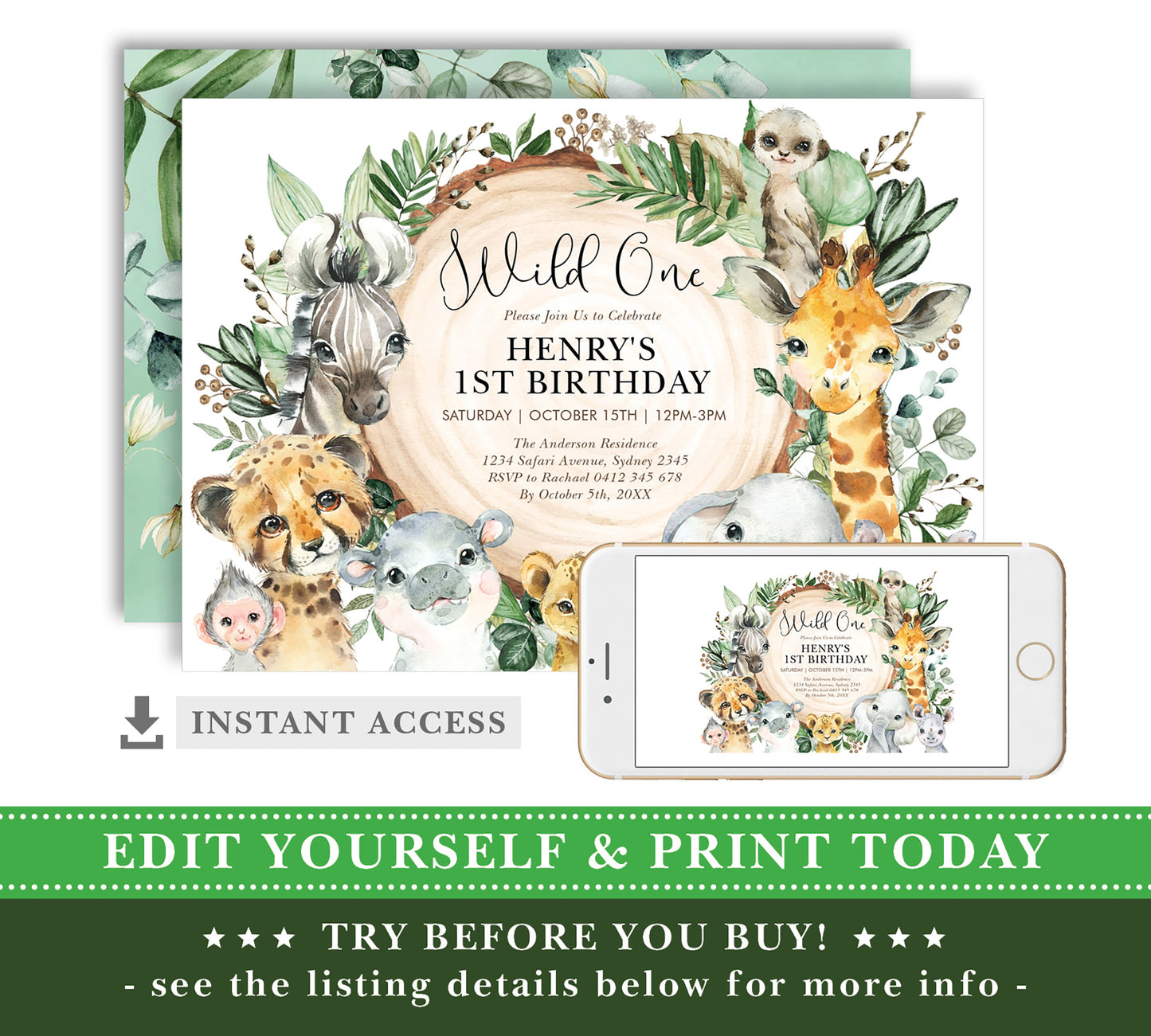 Wild Safari First Birthday Invitations