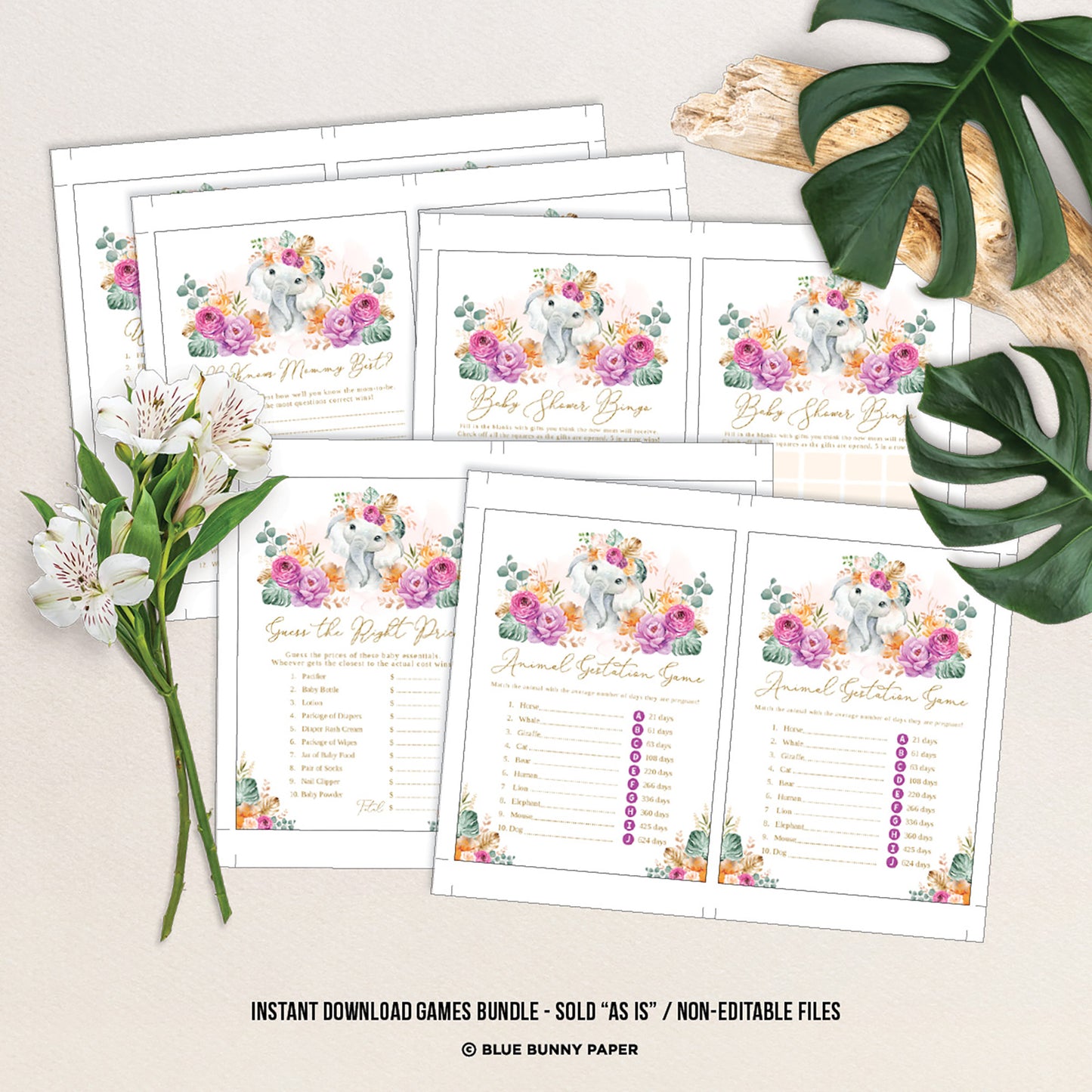 Flower Elephant Baby Shower Games Package