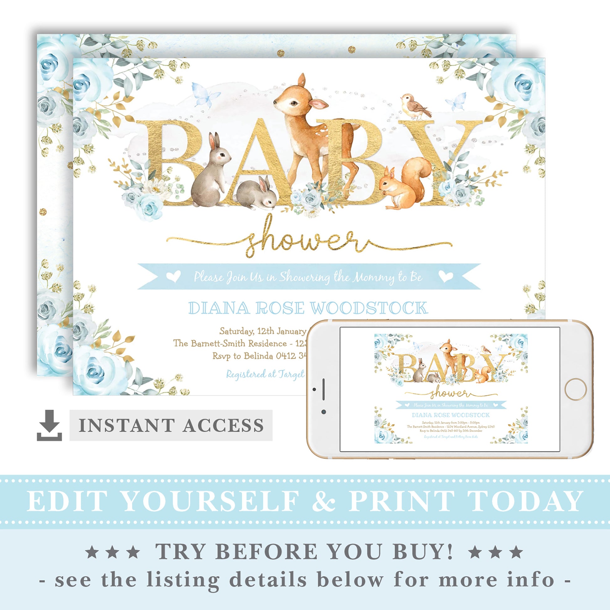 Printable Woodland Boy Baby Shower Invitation