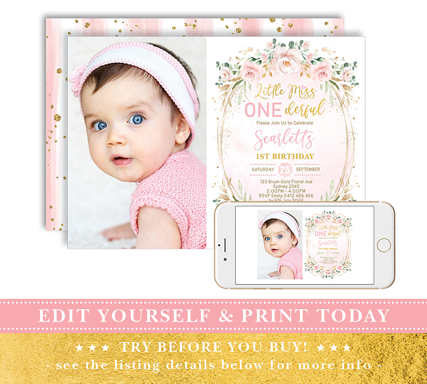 Girl First Birthday Photo Invitation