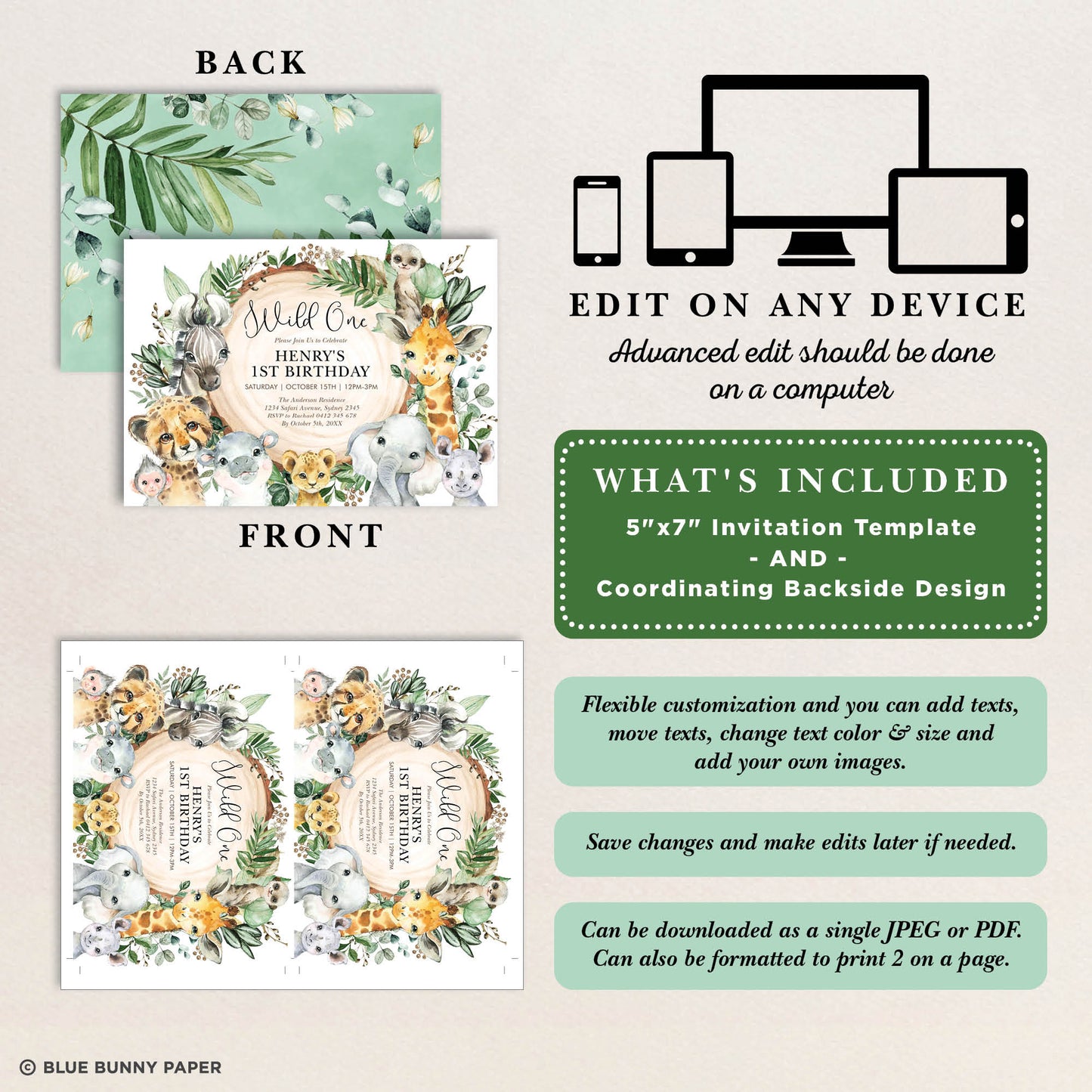 Wild Safari First Birthday Invitations