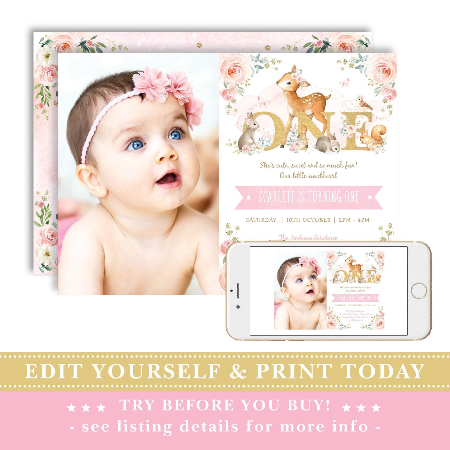 ONE - Girl Woodland First Birthday Photo Invitation