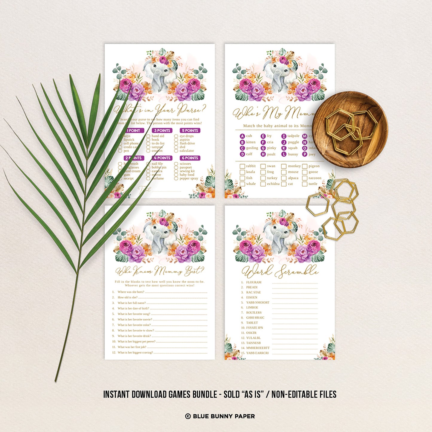 Flower Elephant Baby Shower Games Package