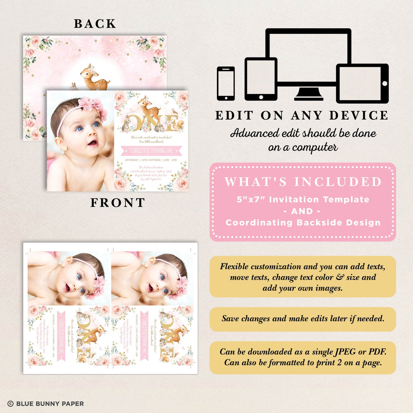 ONE - Girl Woodland First Birthday Photo Invitation