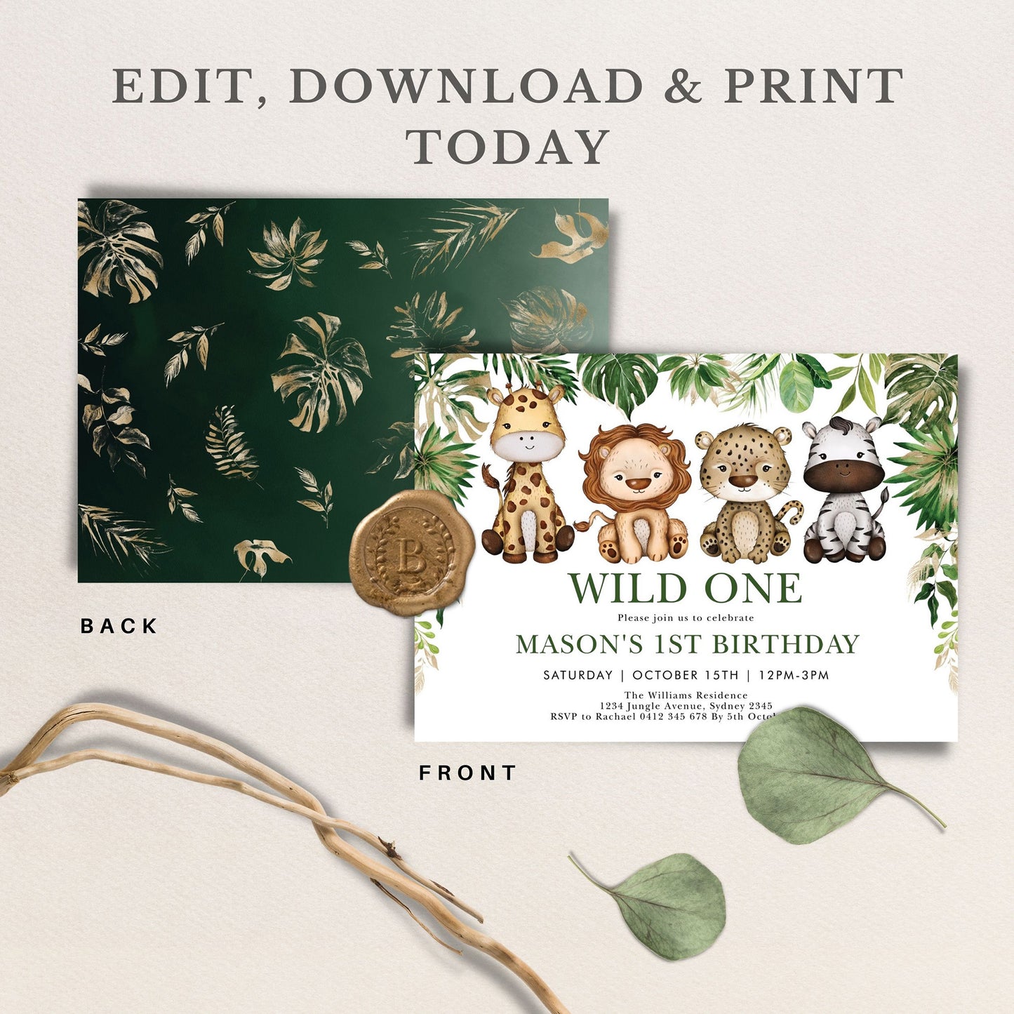 Wild Jungle 1st Birthday Invitations