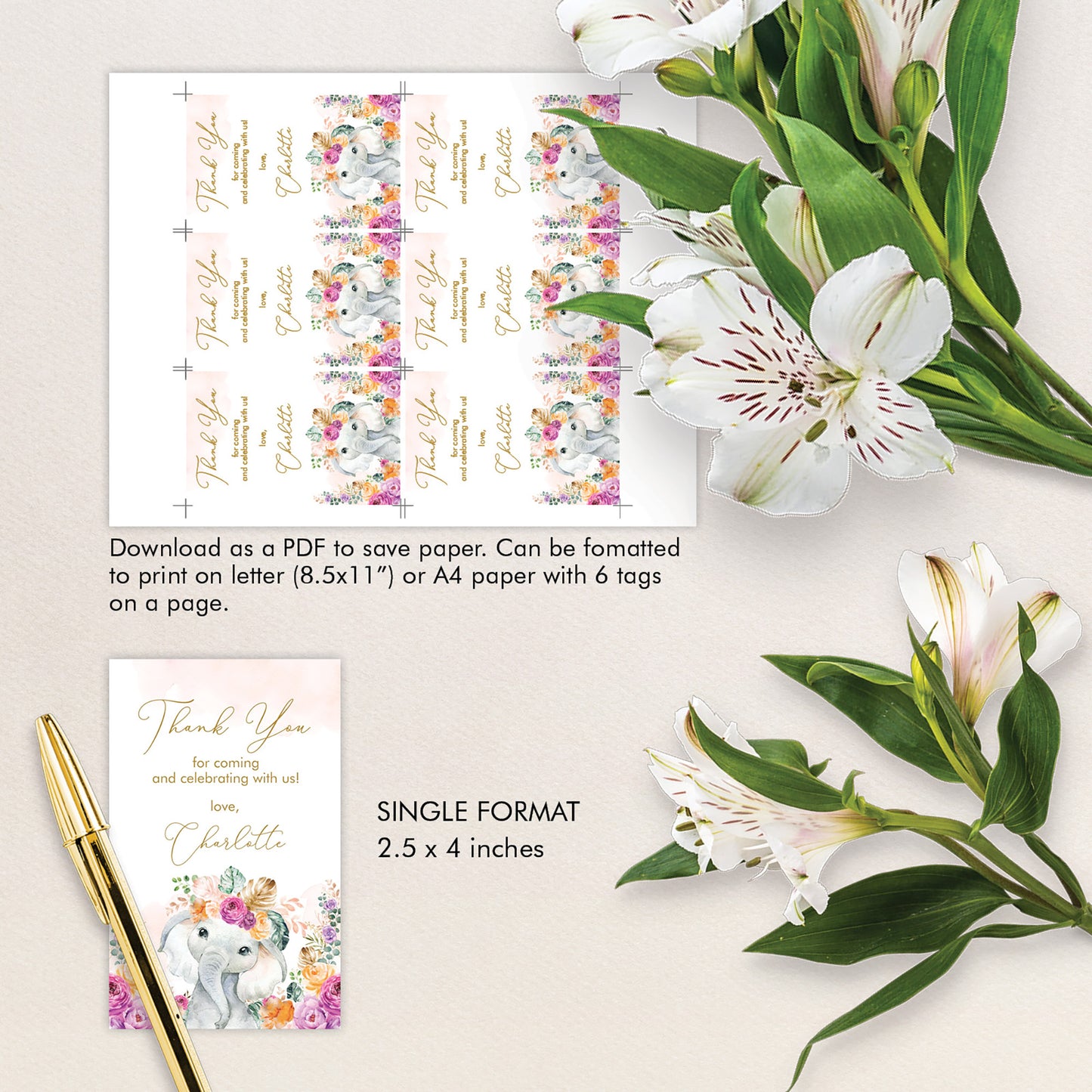 Flower Elephant Party Favor Tags