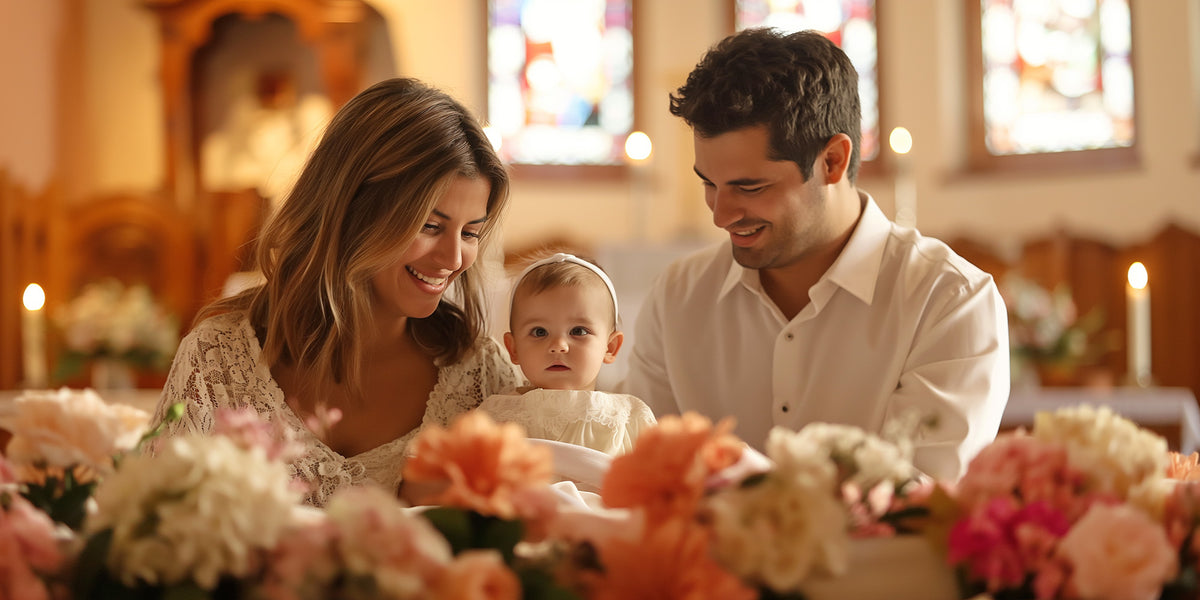 Happy family at baptism celebration, parents smiling at baby girl surrounded by flowers in church.
