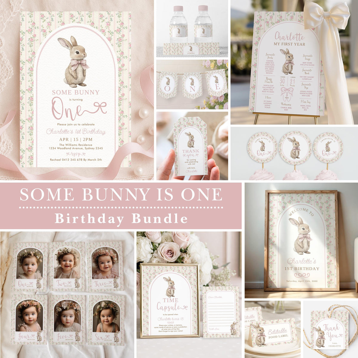Collage of the Some Bunny is One bundle: invitation, welcome sign, banners, toppers, tags and photo banner