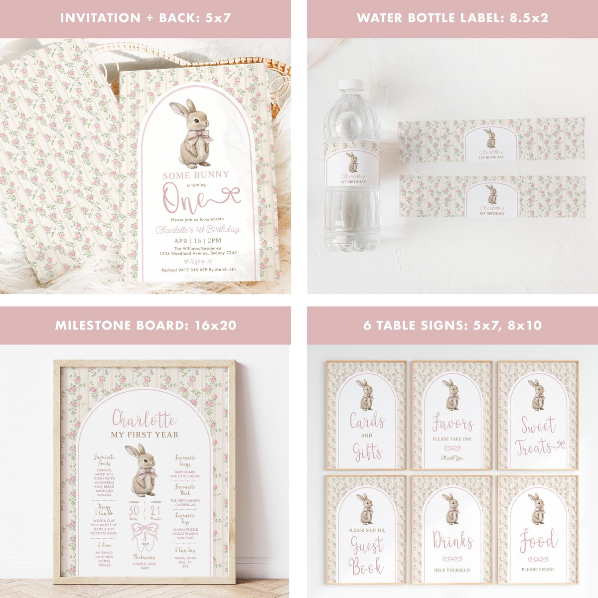 Four shots with sizes: 5x7 invitation, water bottle label, 16x20 milestone board, and the matching back