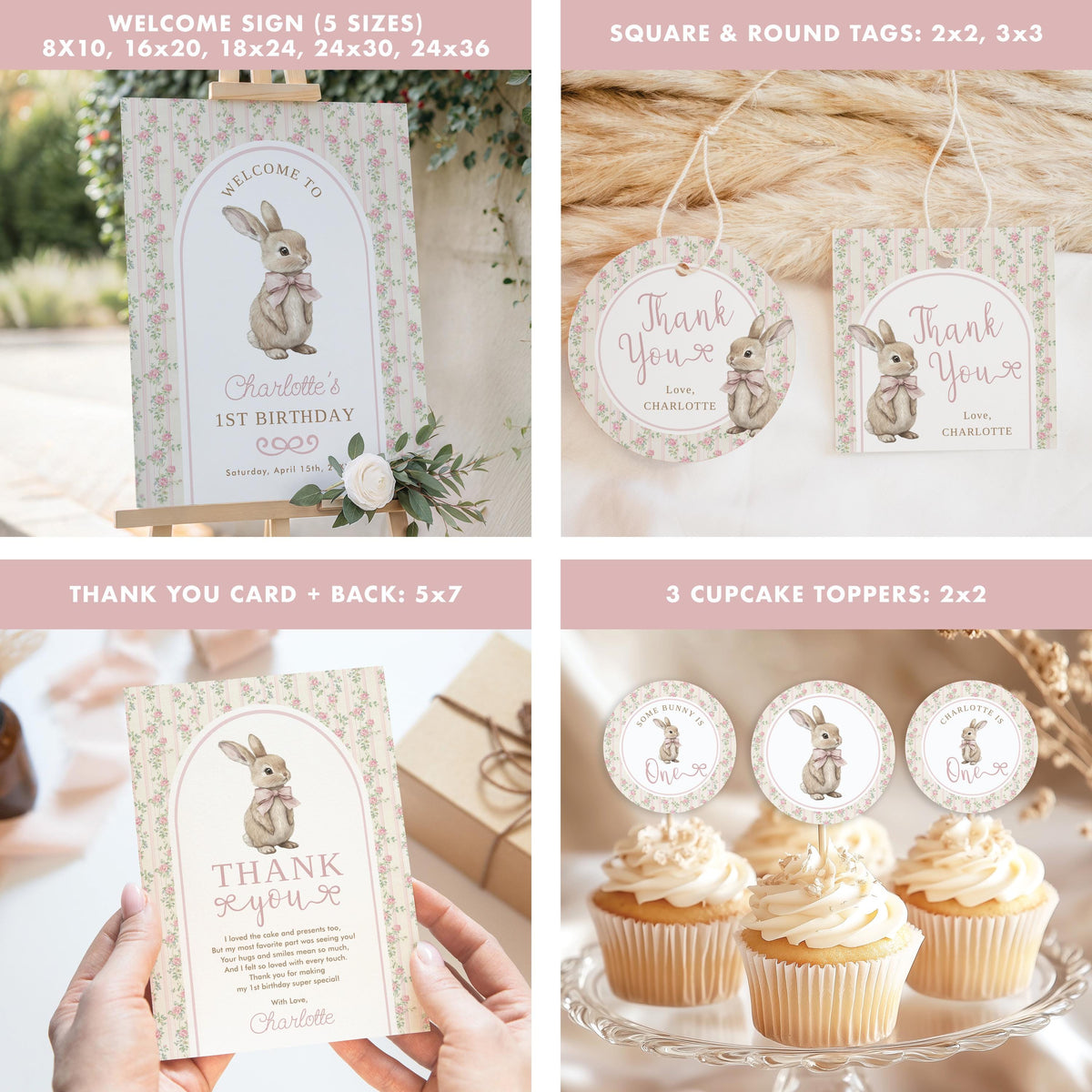 Welcome sign in five sizes, round and square thank-you tags, 5x7 thank-you card, all in the rose stripe design
