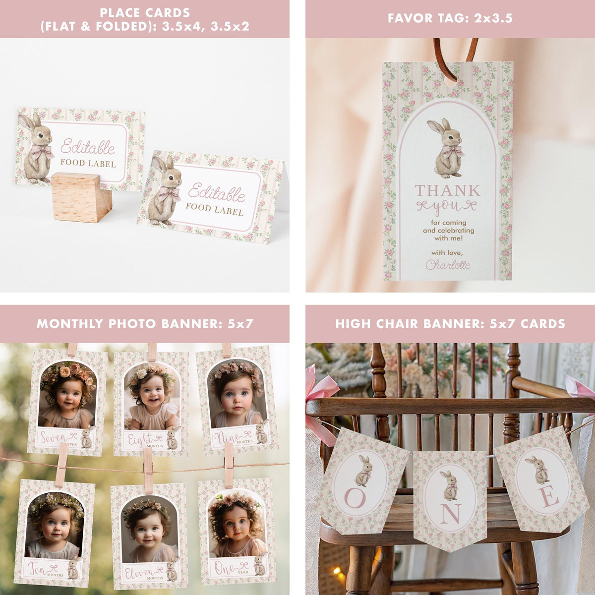 Flat and folded food labels, 2x3.5 favour tag, monthly photo banner cards and the ONE high chair banner