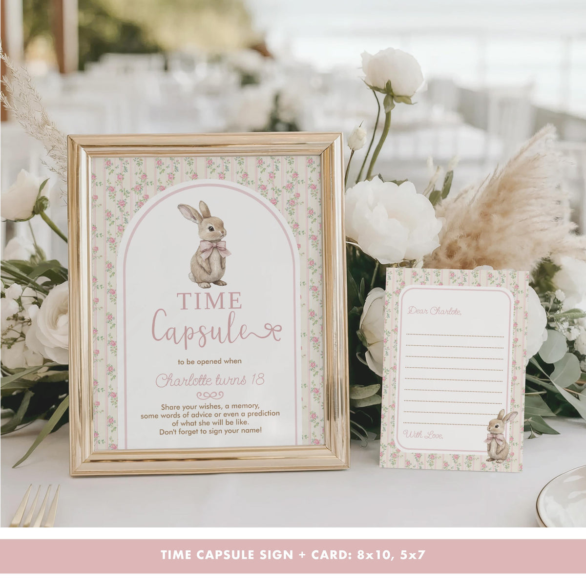 Time capsule sign in a gold frame beside its 5x7 fill-in card, styled with roses