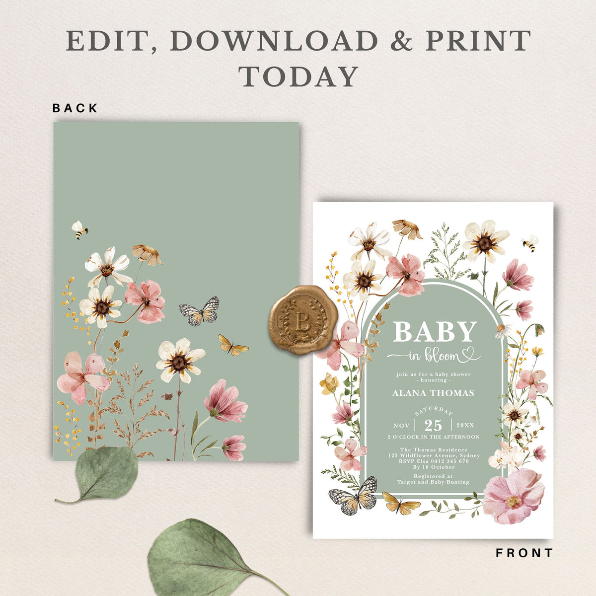 The invitation front beside its sage floral back, which carries no wording
