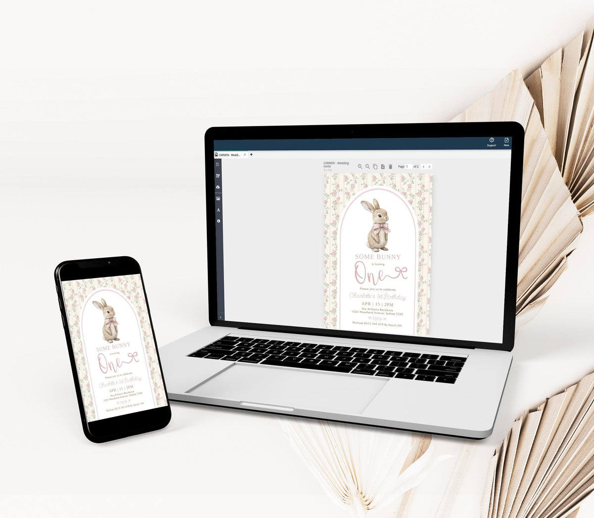 The invitation open in the browser editor on a laptop, with the same design on a phone