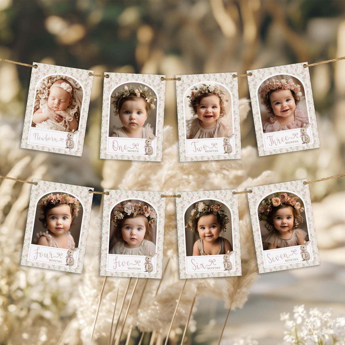 Monthly photo banner of eight cards from newborn to seven months pegged to twine