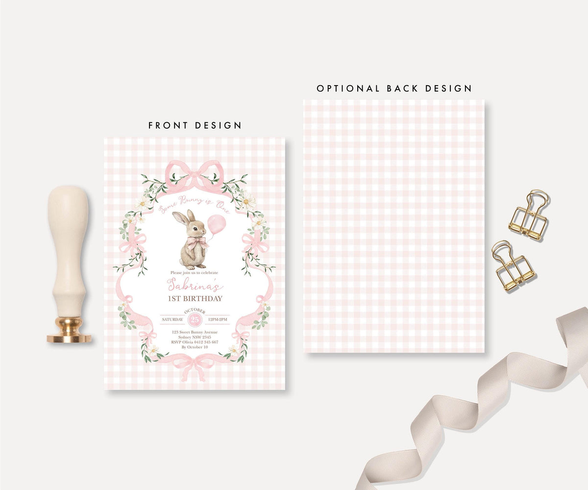Front design next to the optional plain pink gingham back, with a wax seal and ribbon beside them
