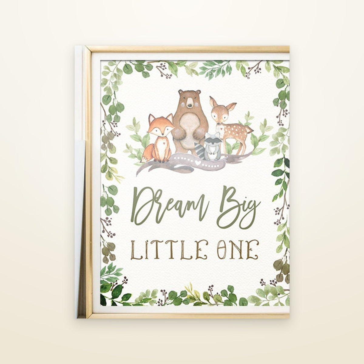 Dream Big, Little One woodland nursery print in a gold frame with a fox, bear and deer