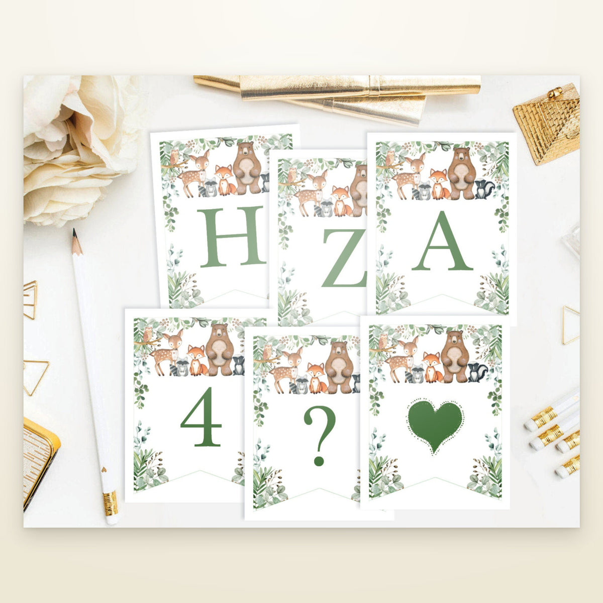Woodland animals printable bunting flags showing letters H, Z, A, the number 4 and a heart
