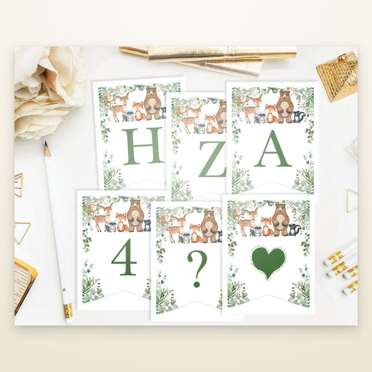 Woodland animals printable bunting flags showing letters H, Z, A, the number 4 and a heart