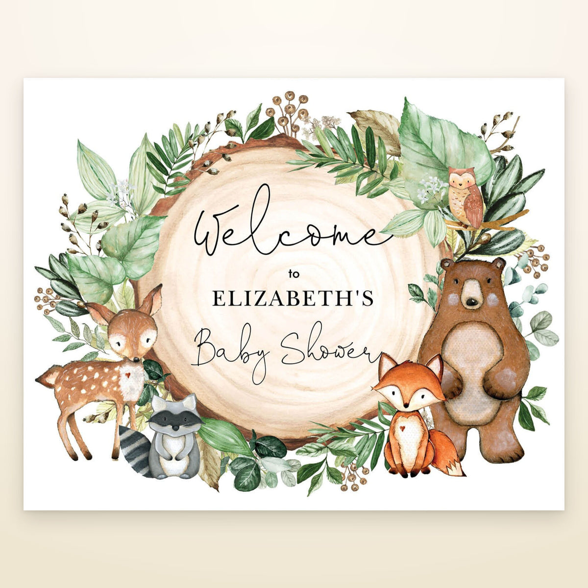 Woodland baby shower welcome sign with watercolour deer, fox, bear, raccoon and owl around a wood slice