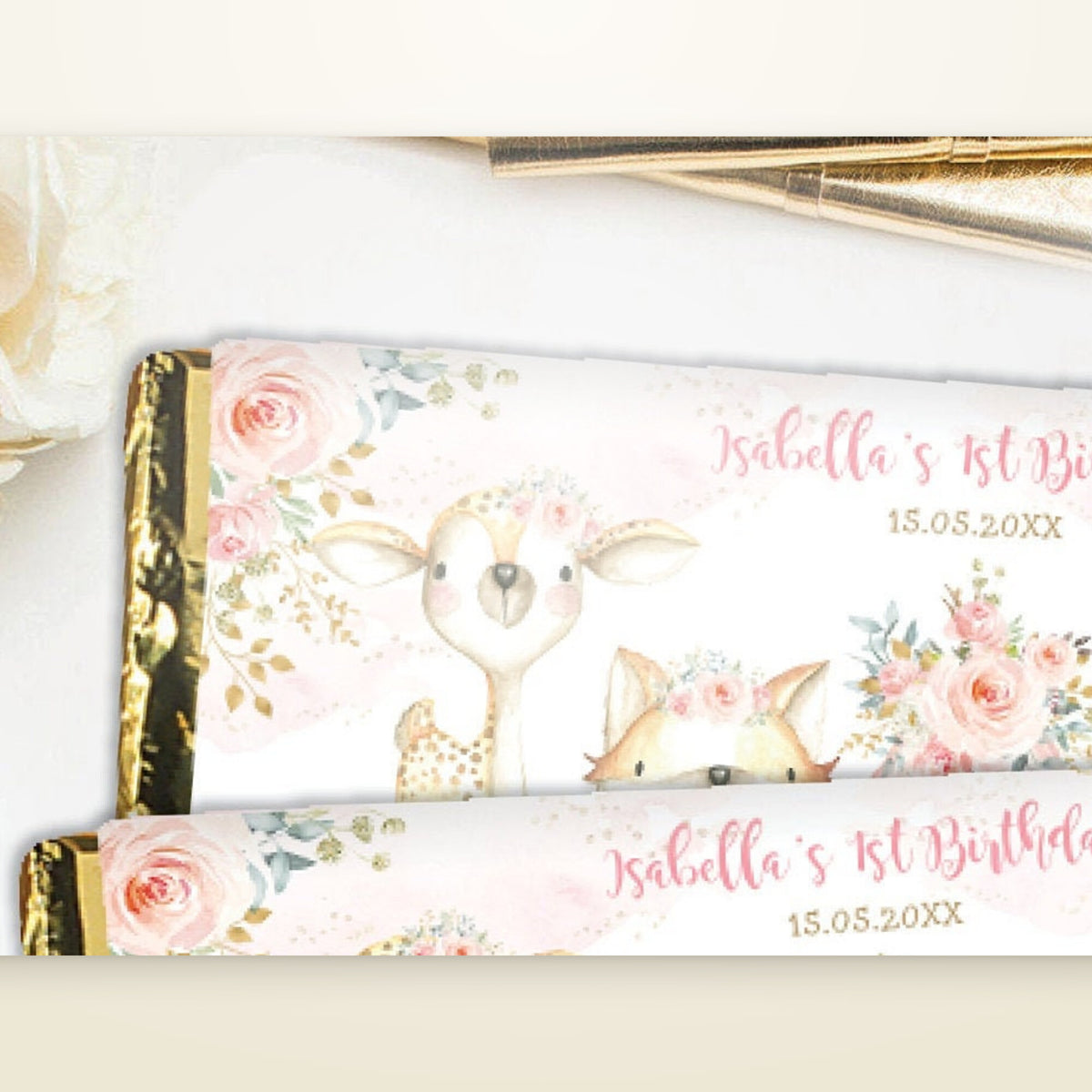 Woodland animals chocolate bar wrapper wrapped on two chocolate bars