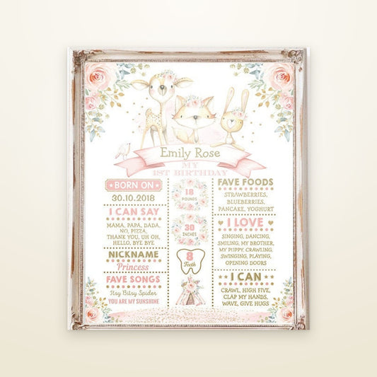 Pink and gold woodland first birthday milestone poster with fawn, fox and bunny