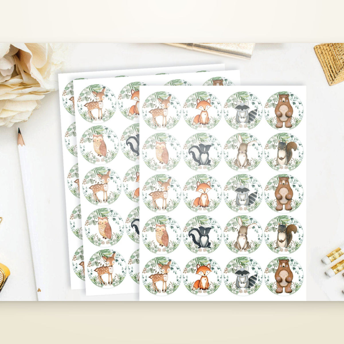Sheets of 2 inch round woodland animal cupcake toppers, twenty to a page