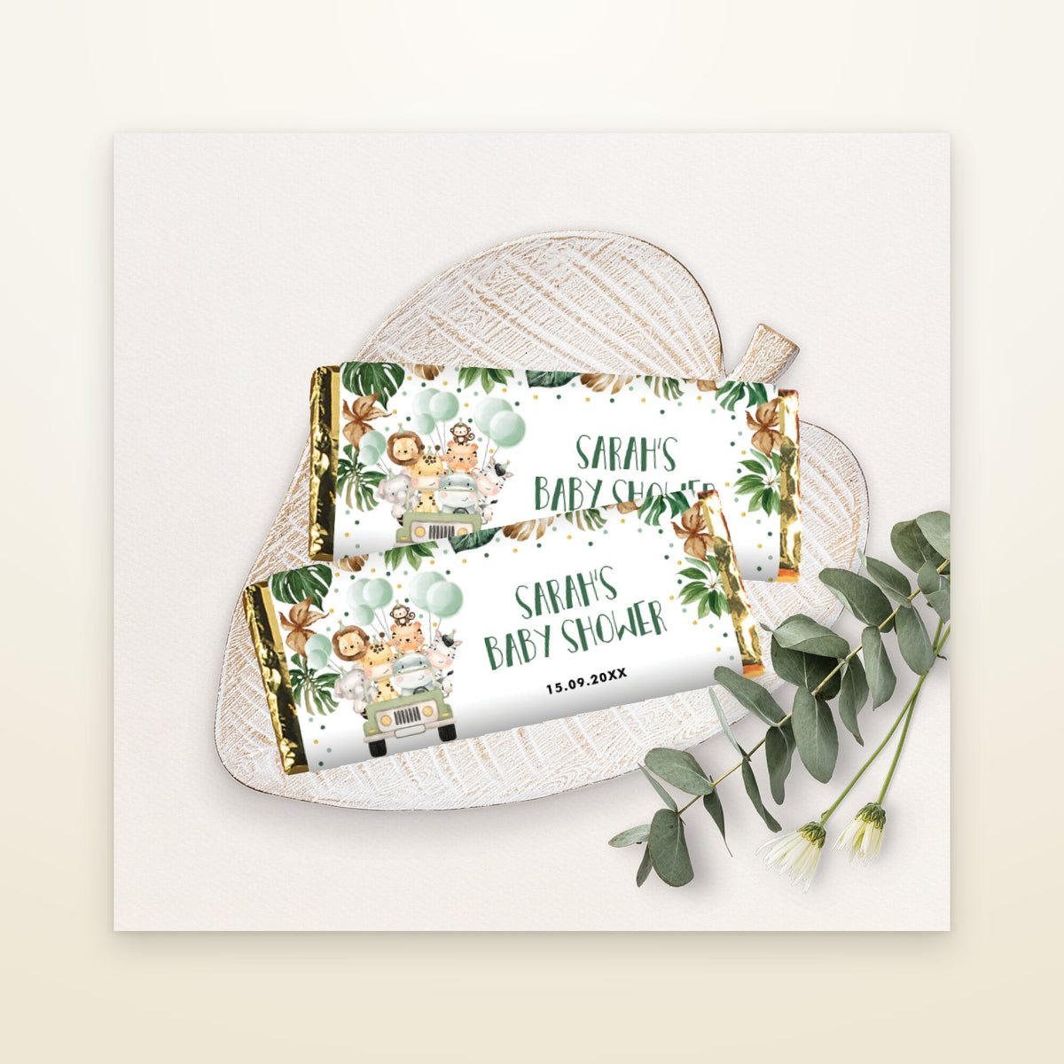 Safari baby shower chocolate bar wrappers on two chocolate bars with gold foil ends