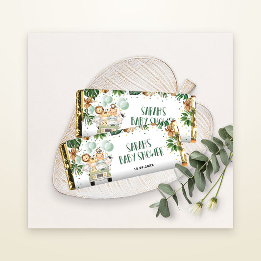 Safari baby shower chocolate bar wrappers on two chocolate bars with gold foil ends