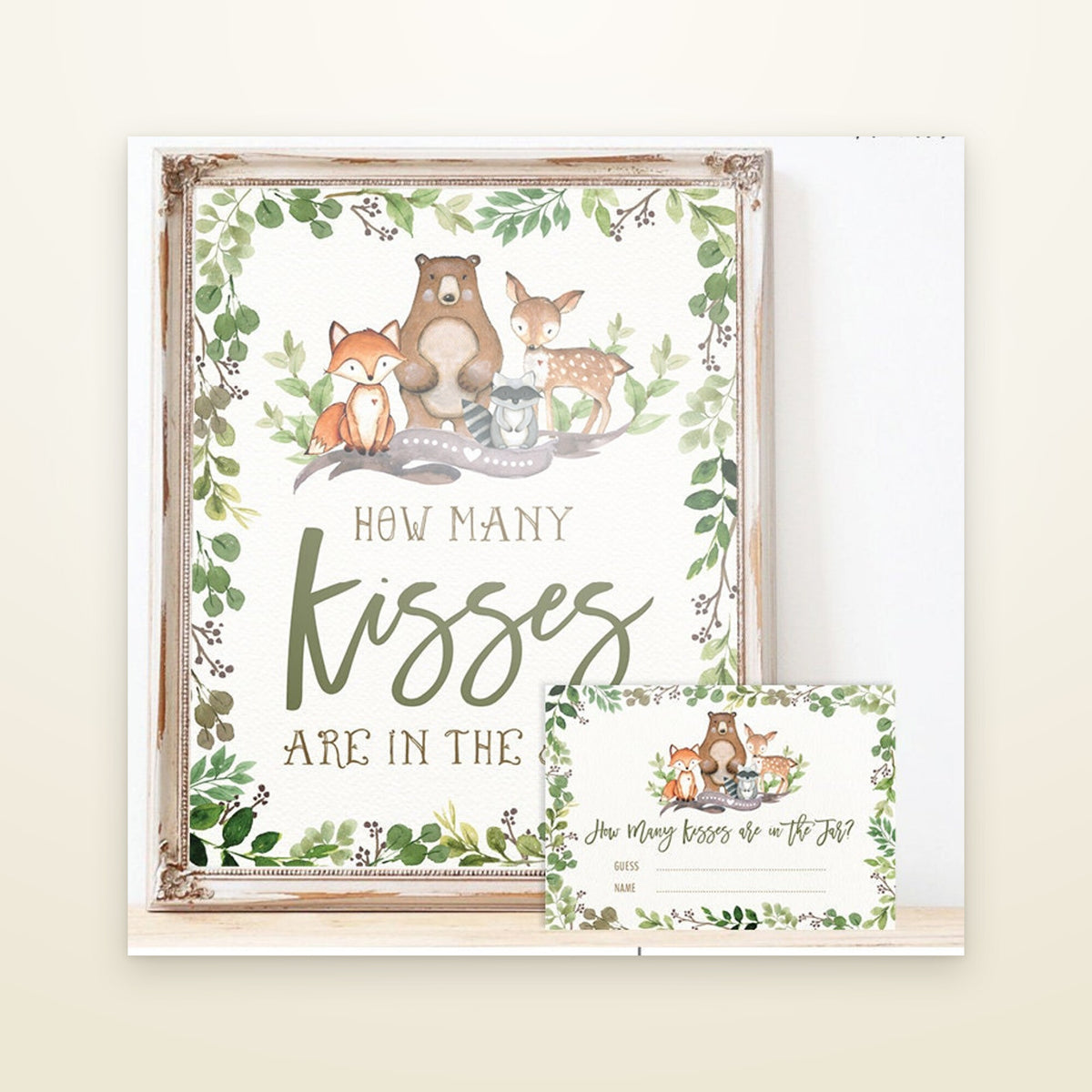 How Many Kisses baby shower sign with woodland animals and a matching guess card