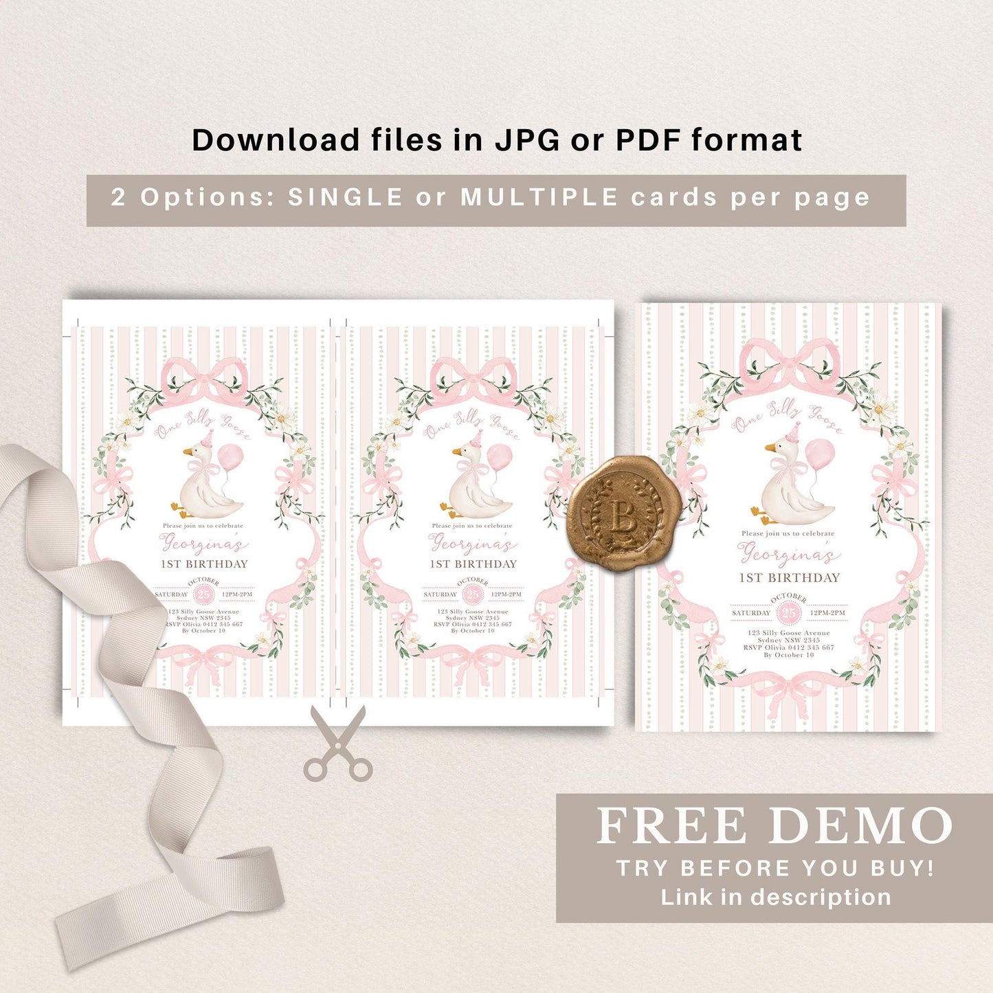 One Silly Goose 1st Birthday Invitation | Pink Bow Editable | CORJL