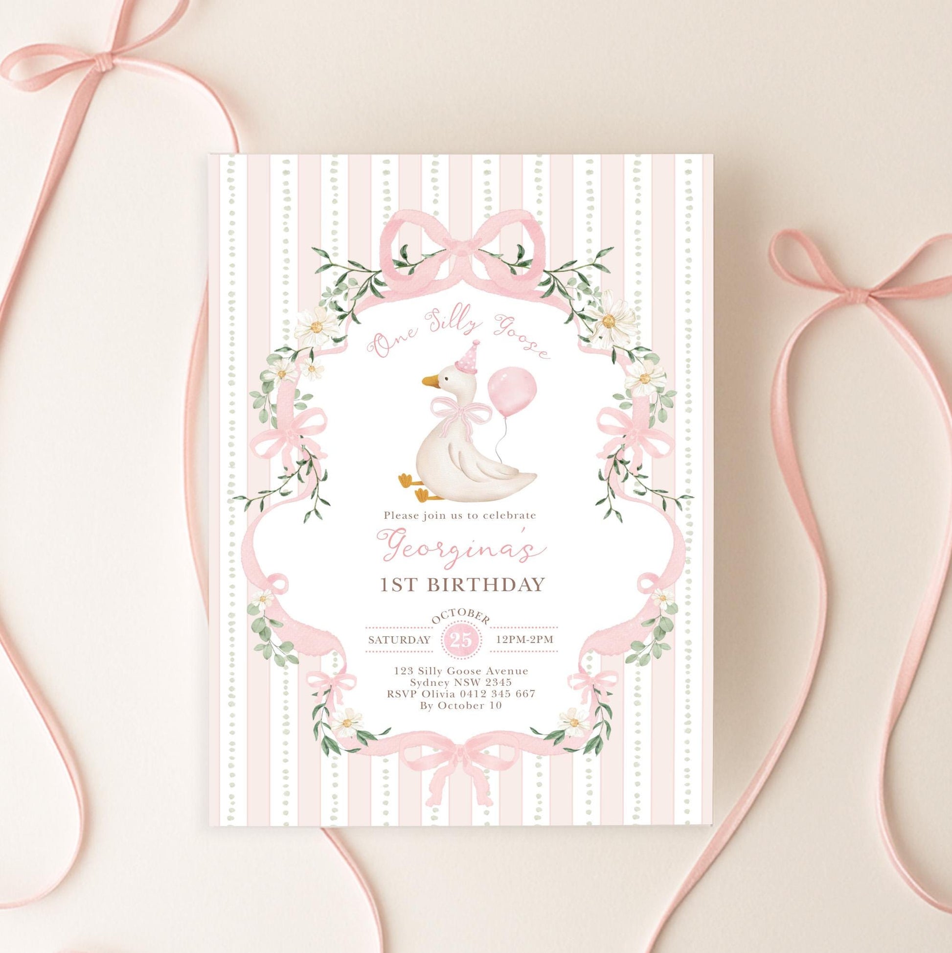 One Silly Goose 1st Birthday Invitation | Pink Bow Editable | CORJL