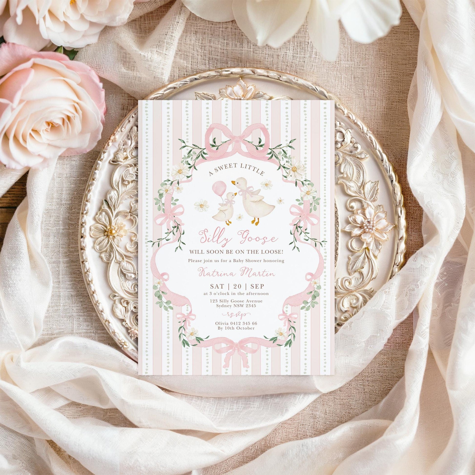 Pink Silly Goose Baby Shower Invitation | Editable Corjl Template