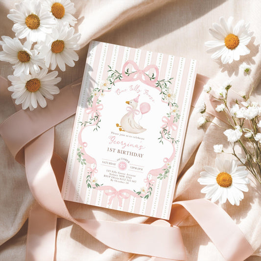 One Silly Goose 1st Birthday Invitation | Pink Bow Editable | CORJL