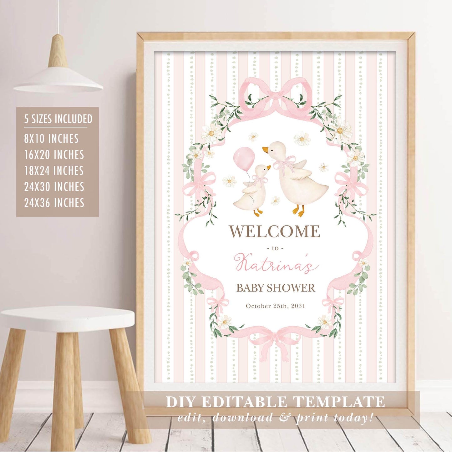 Silly Goose Baby Shower Welcome Sign | Coquette Pink Bow | Editable Corjl