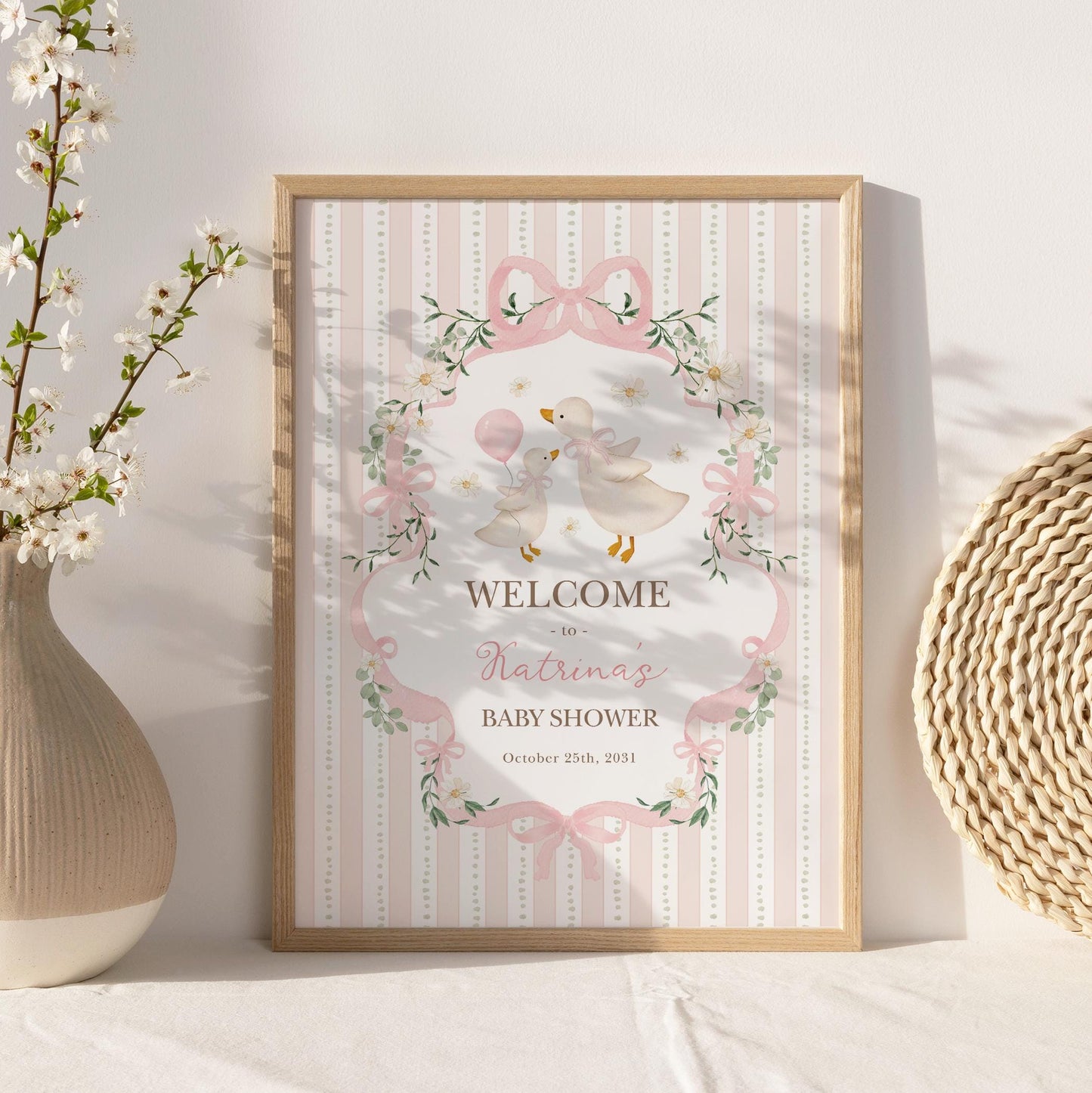 Silly Goose Baby Shower Welcome Sign | Coquette Pink Bow | Editable Corjl