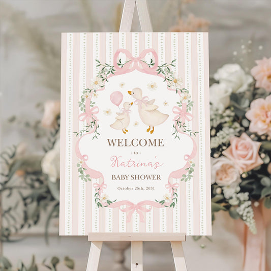 Silly Goose Baby Shower Welcome Sign | Coquette Pink Bow | Editable Corjl