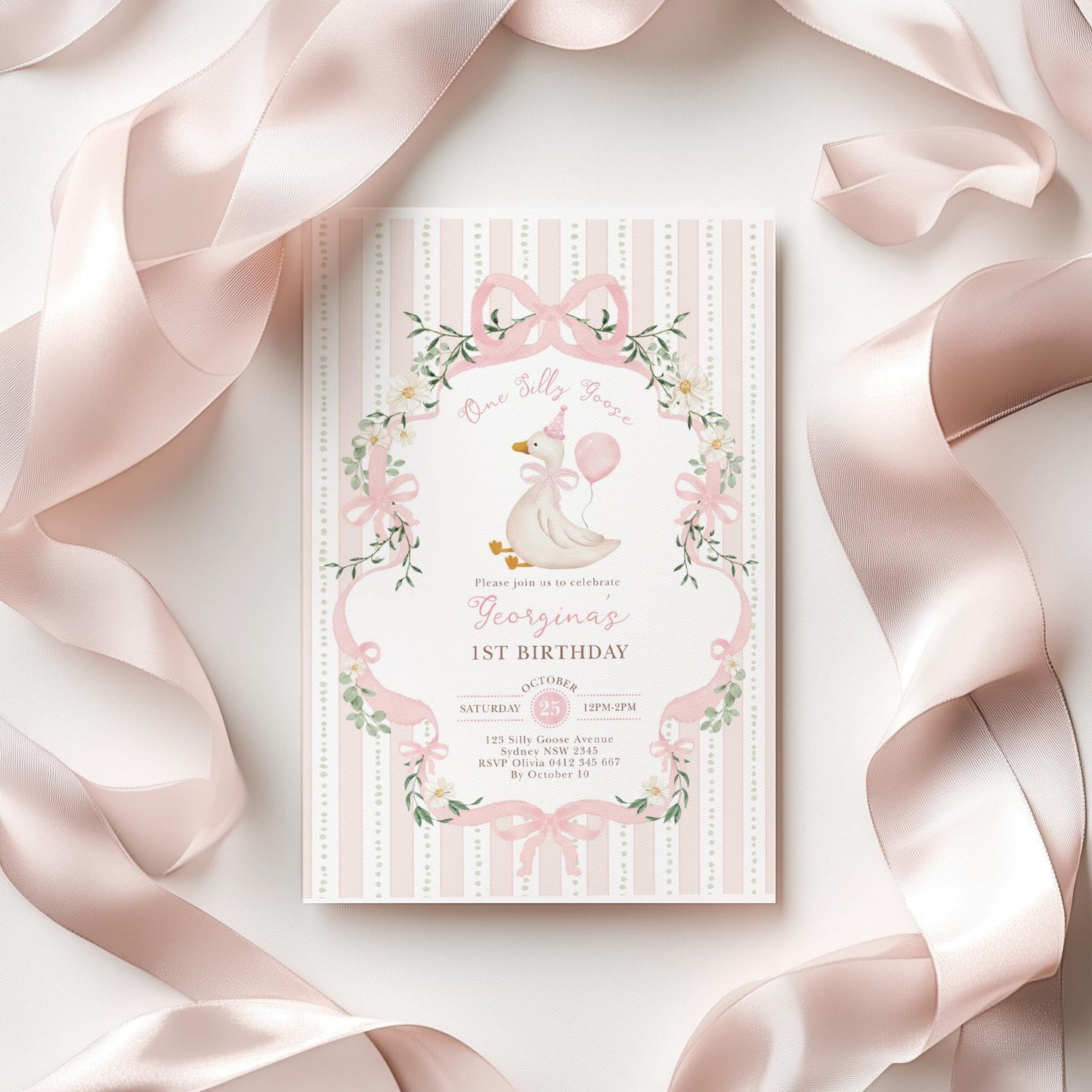 One Silly Goose 1st Birthday Invitation | Pink Bow Editable | CORJL