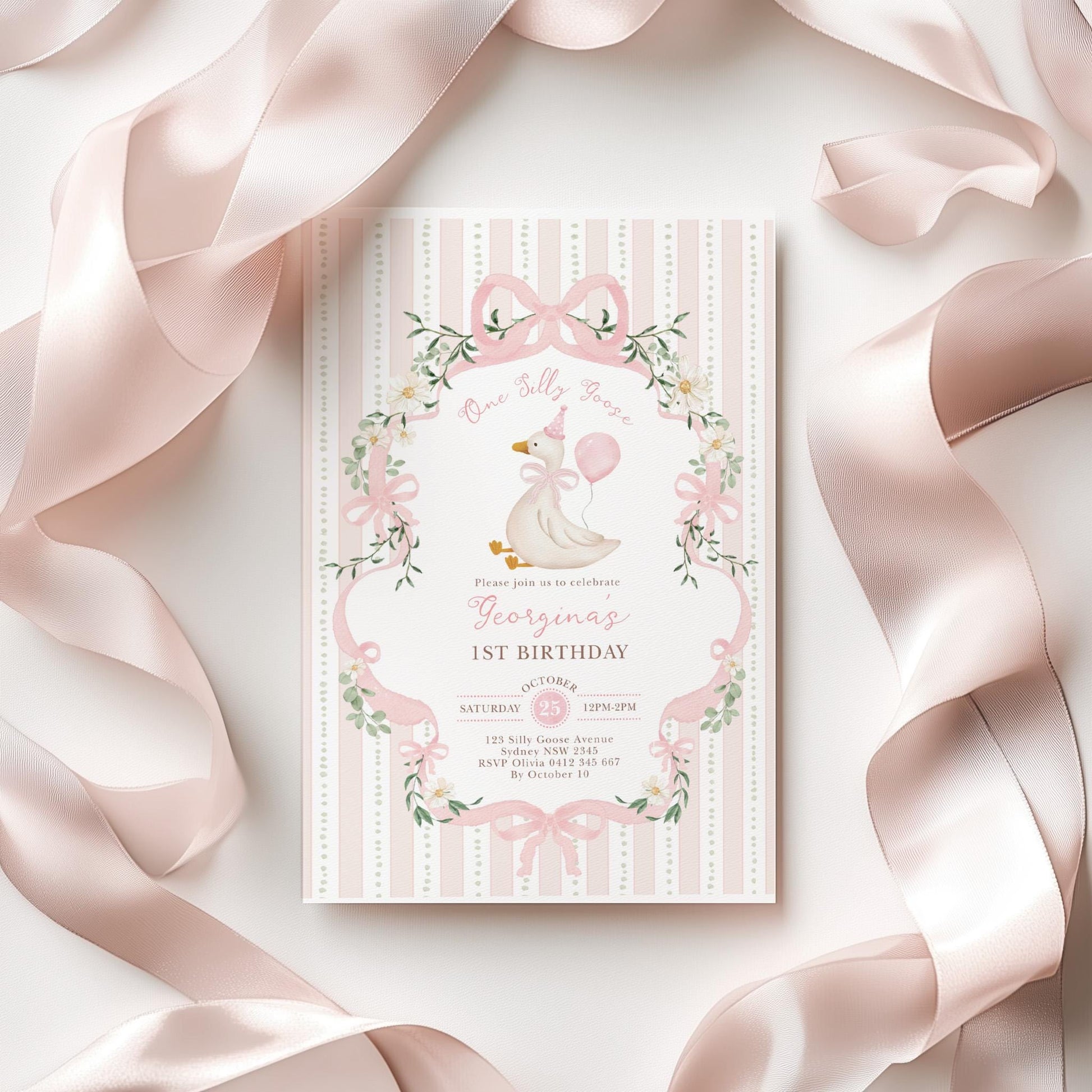 One Silly Goose 1st Birthday Invitation | Pink Bow Editable | CORJL