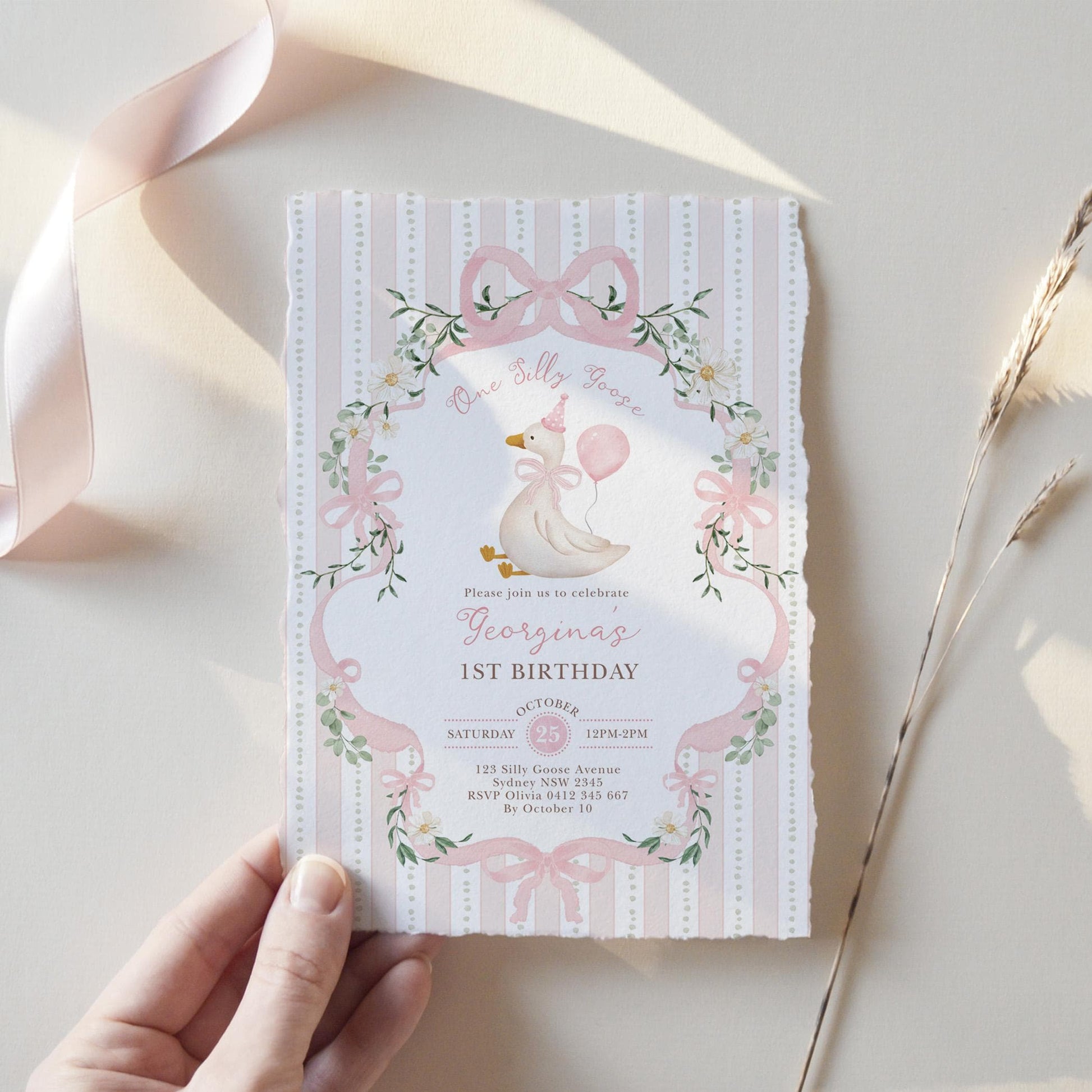 One Silly Goose 1st Birthday Invitation | Pink Bow Editable | CORJL