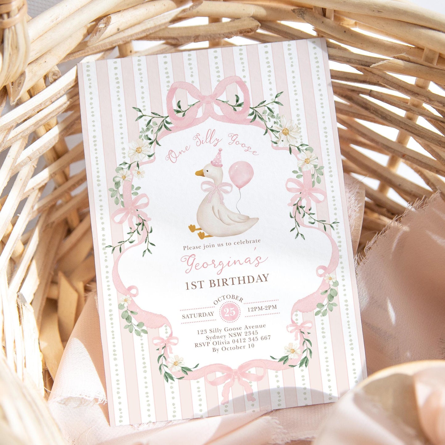 One Silly Goose 1st Birthday Invitation | Pink Bow Editable | CORJL